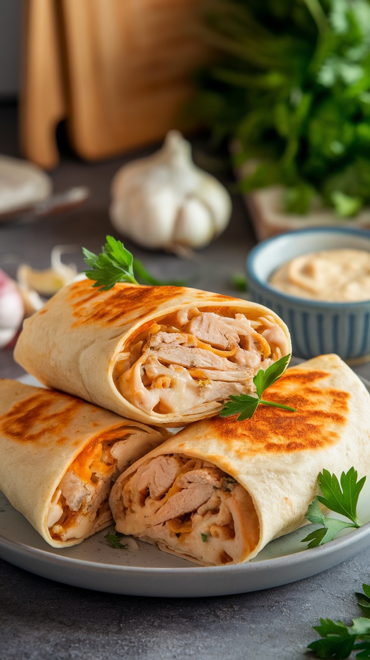 Cheesy garlic chicken wraps on a plate, sliced in half to show filling, with a bowl of creamy garlic sauce.